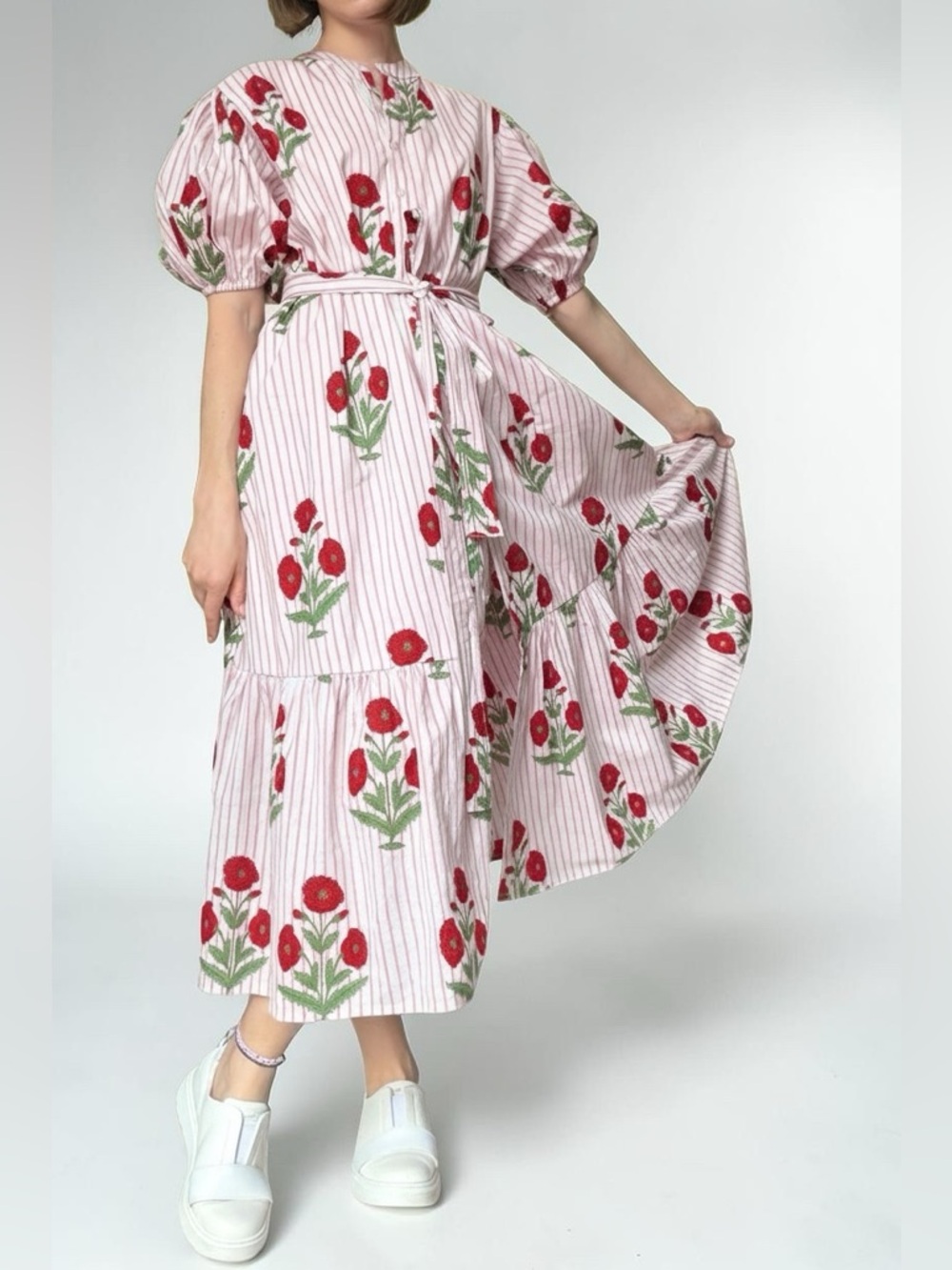Fox & Hen Pink Floral-Striped Midi Shirt Dress Puff Sleeves Tie Waist Size XS - Picture 3 of 12